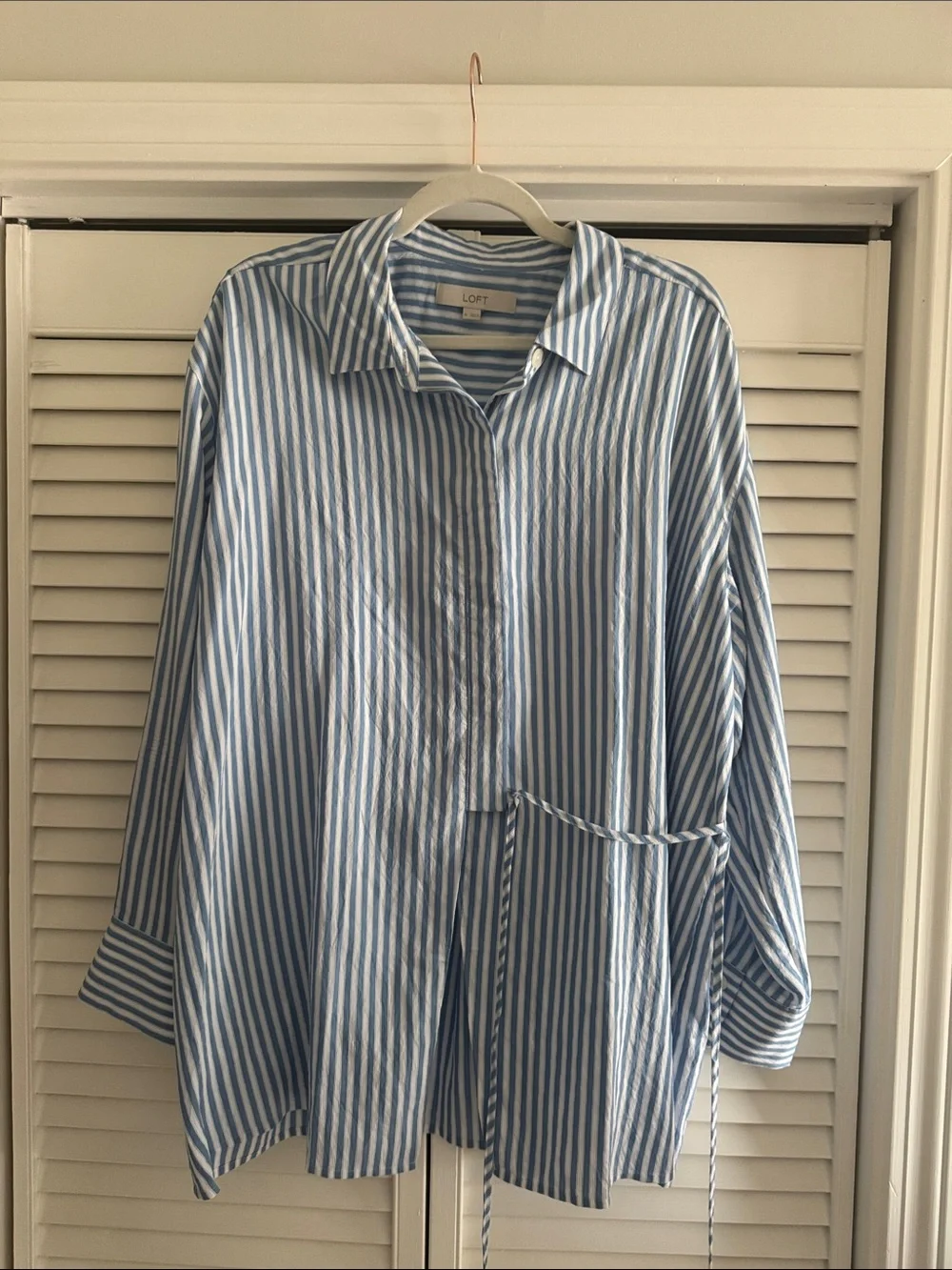 LOFT Striped Asymmetrical Side Tie Tunic Shirt